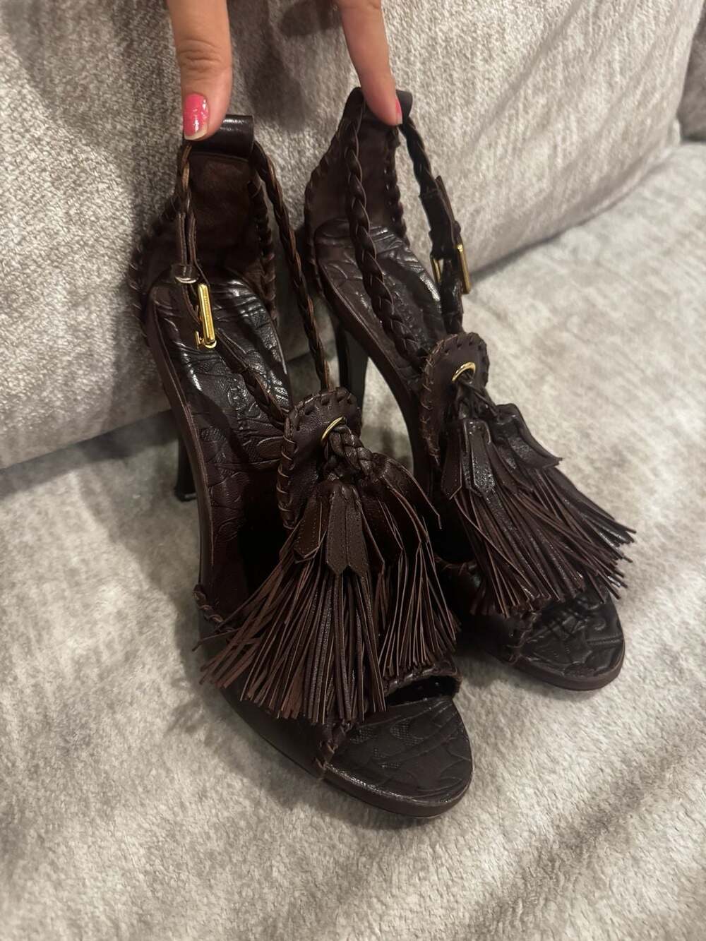 Y2k BCBGMAXAZRIA Brown Braided Leather Open Toe Tassel Heels